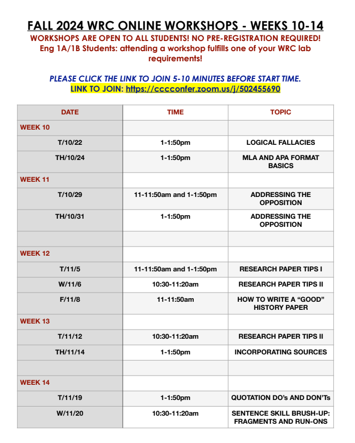 Writing and Reading Center Online Workshops Schedule