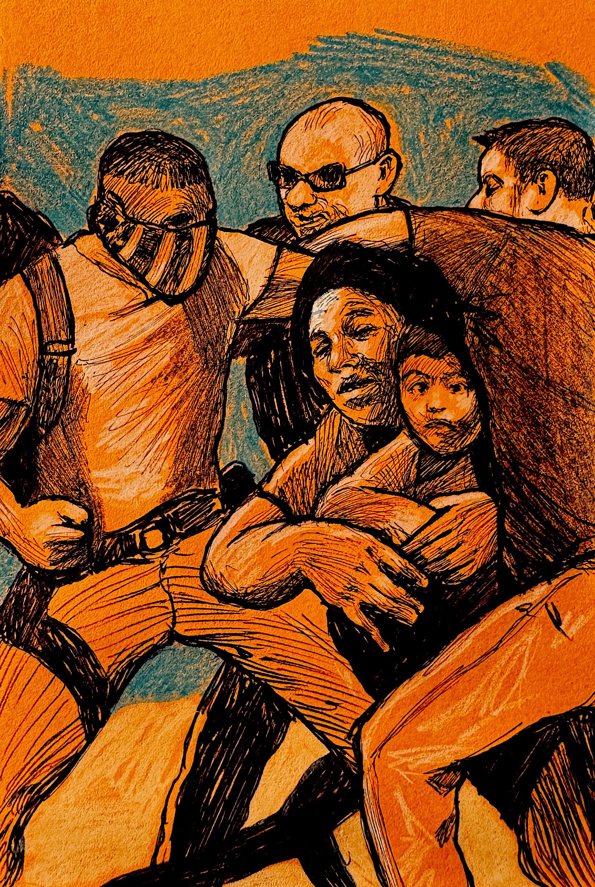 Hugo Crosthwaite, "El Bruto (sketch for CARPAS)", ink on paper, 6 x 4in., 2025.