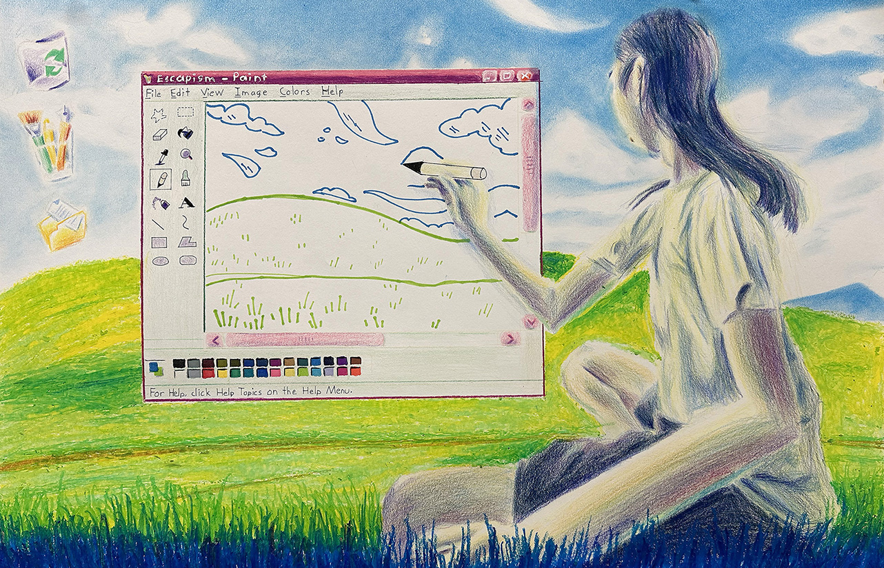 Nathan Yabes, "escapism.png", 18" x 24", mixed media on paper, 2024. Created in Professor Michelle Ramin's Art-40A Introduction to Figure Drawing course at Norco College.
