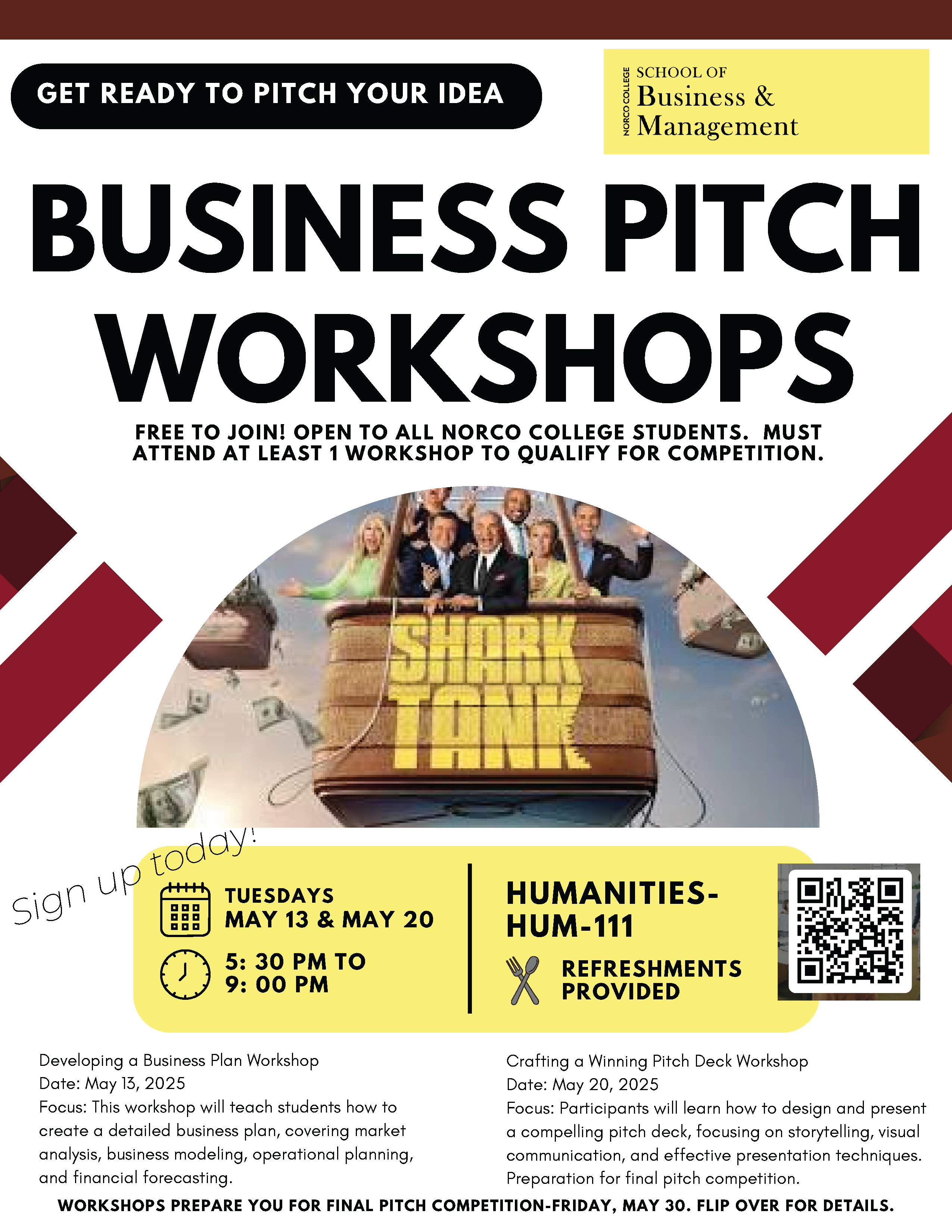 School of Business and Management Business Pitch Competition Flyer. Competition on May 30th. Workshops May 13 and May 20.
