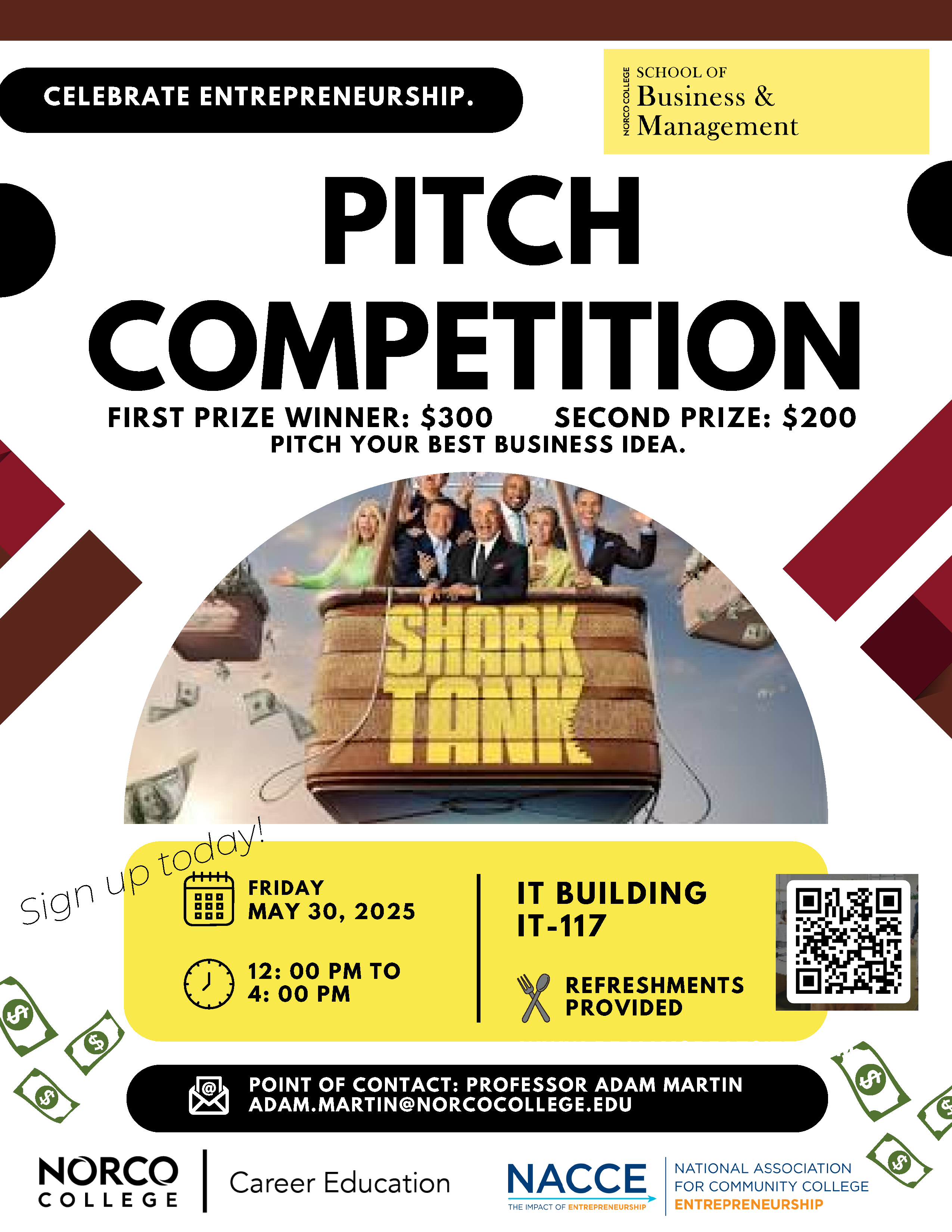 School of Business and Management Business Pitch Competition Flyer. Competition on May 30th. Workshops May 13 and May 20.