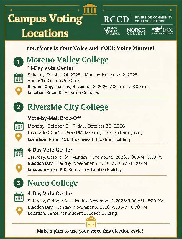 RCCD Campus Polling Locations Norco College polling location: Oct. 31-Nov.3, CSS Upper Lounge