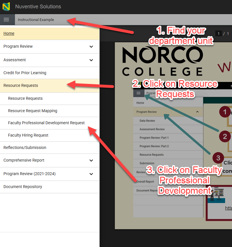 1. Find your department review unit 2. Click on the Resource Request tab 3. Click on Faculty Professional Development 