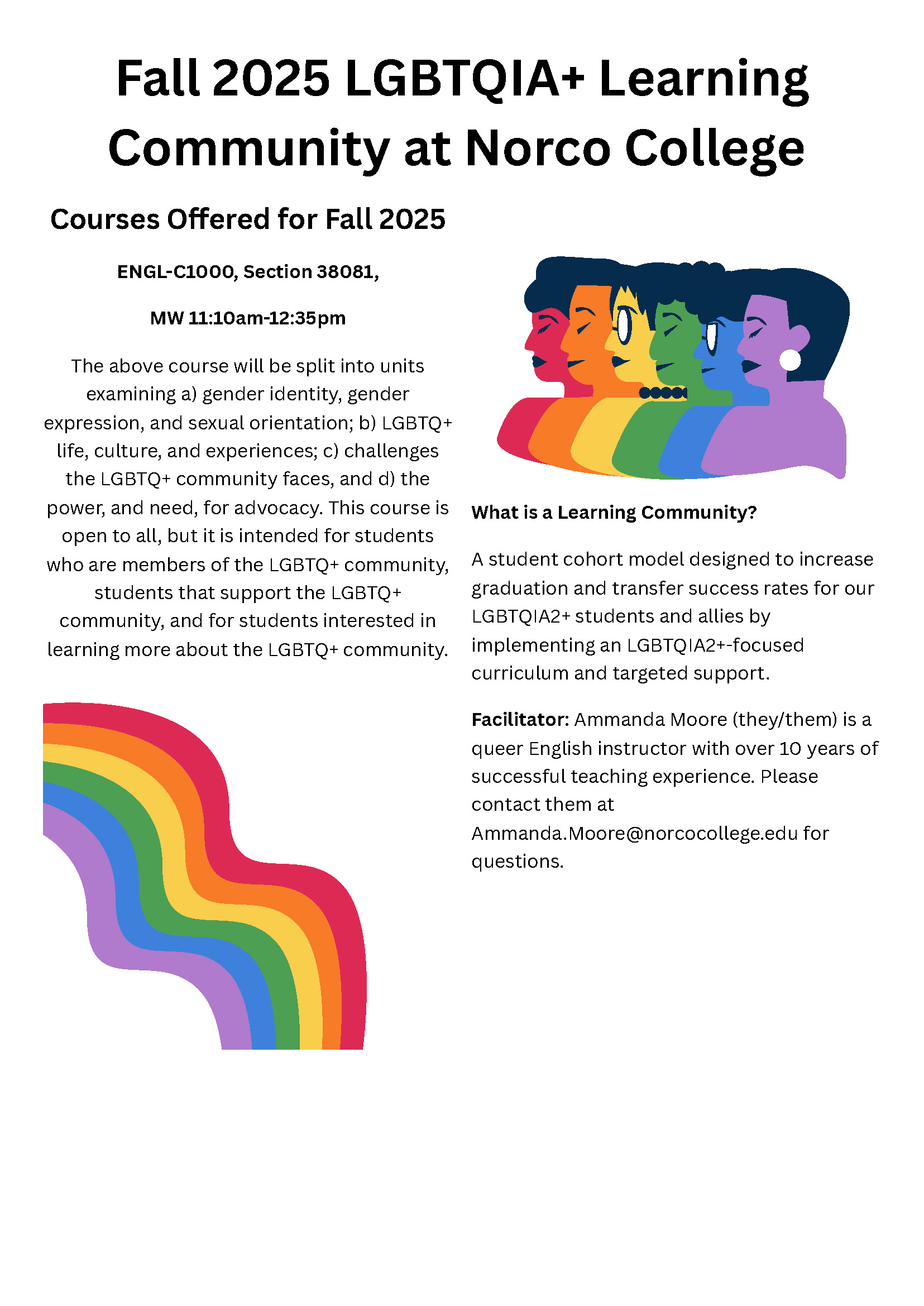 LGBTQIA+ Learning Community flyer, contact Ammanda.Moore@norcocollege.edu to join