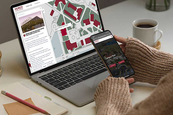 Student viewing Norco College Virtual Tour on laptop and mobile phone