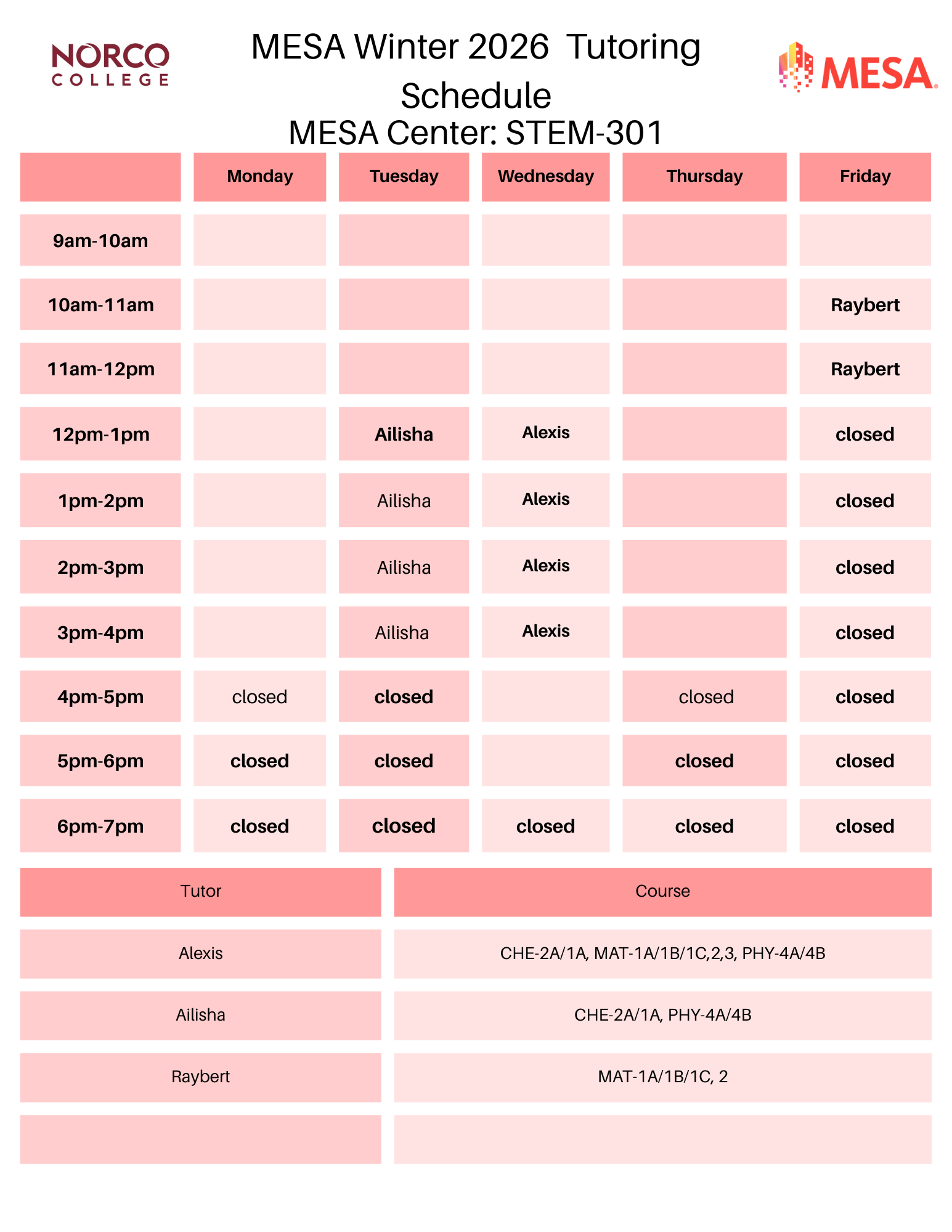 MESA Winter 2026 tutoring schedule