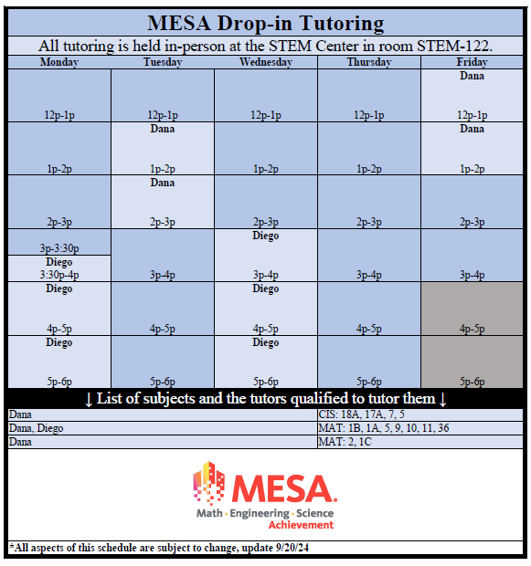 MESA Tutoring Schedule for Fall 2024