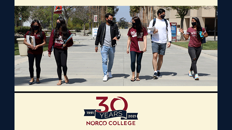 Norco College Students wearing masks on campus and Norco College 30 years logo