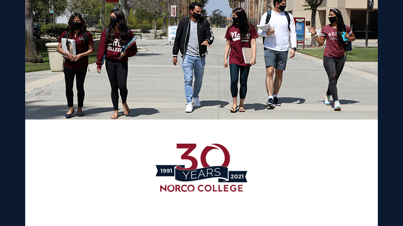 Students walking on Norco College campus and Norco College 30 years logo featured image
