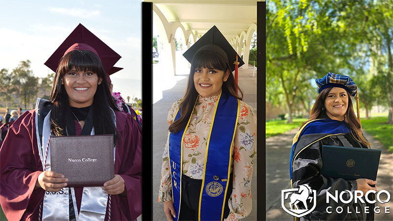 Brenda Lopez Reyna receiving her degree from Norco College (A.S.), University of Riverside (UCR) (B.S., Ph.D).