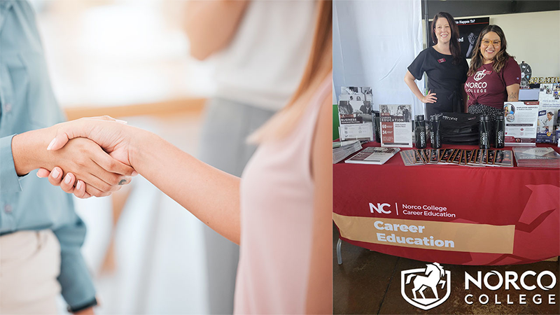 A picture showing two women handshaking and Stephanie Karnes and Paula Barrera Partida at the Women’s Leadership Conference tabling.