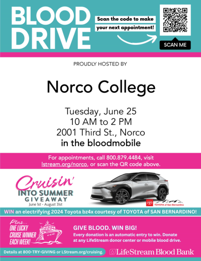 Norco College Blood Drive on June 25 flyer