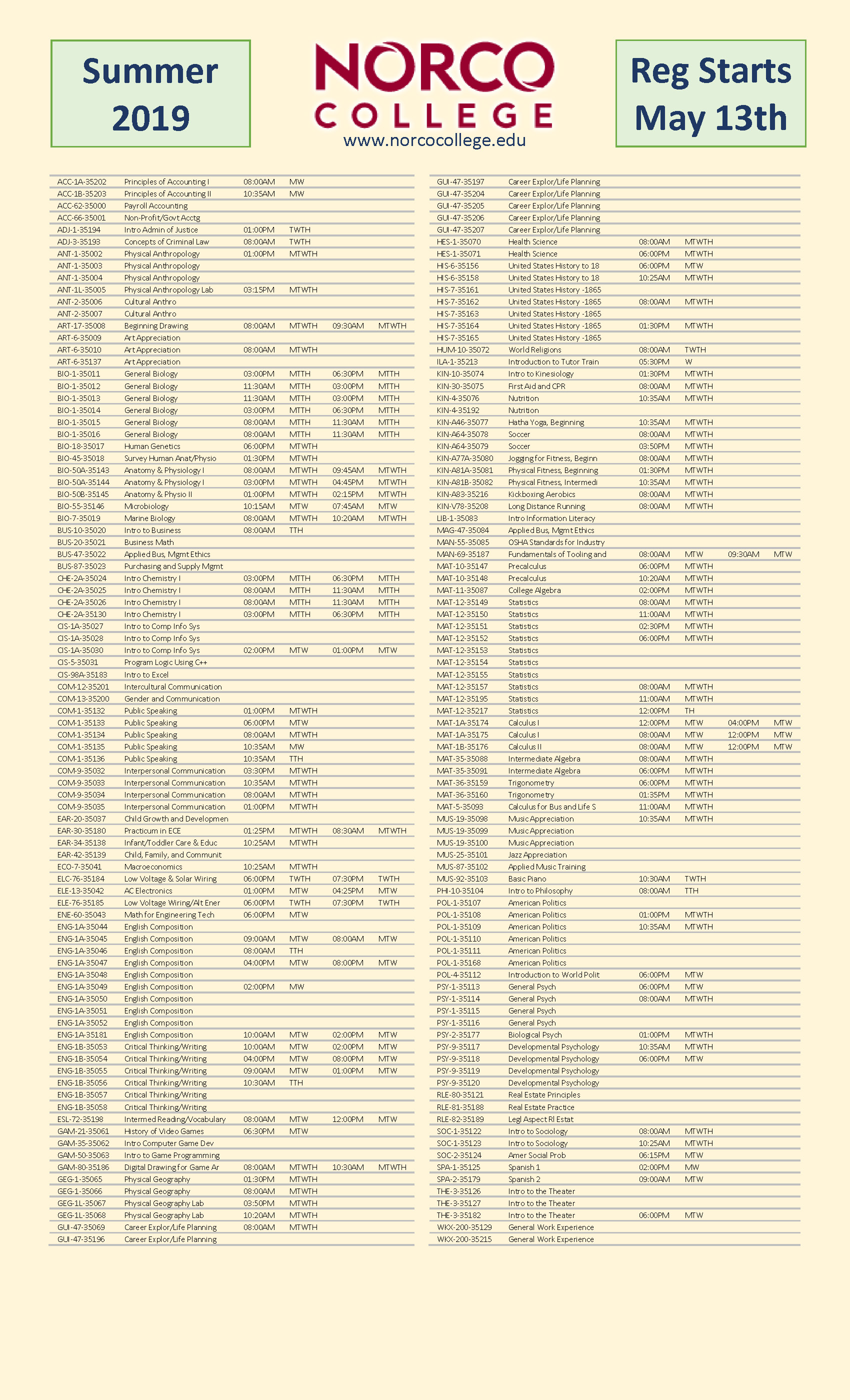 Summer Class Schedule Quick View