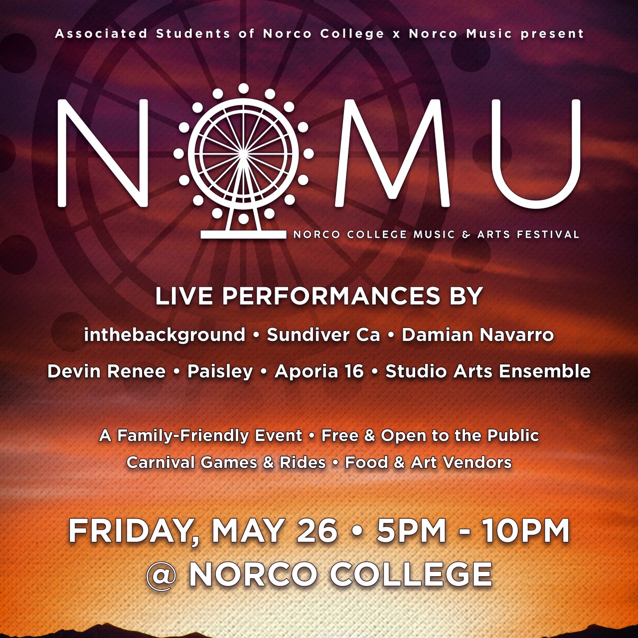 Click here to visit the Norco Music website Norco College Music & Arts Festival 2.0 flyer