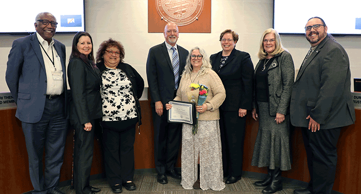 Leona Vassale with RCCD Chancellor Wolde-Ab Issac, Norco College President Monica Green, and RCCD Board of Trustees