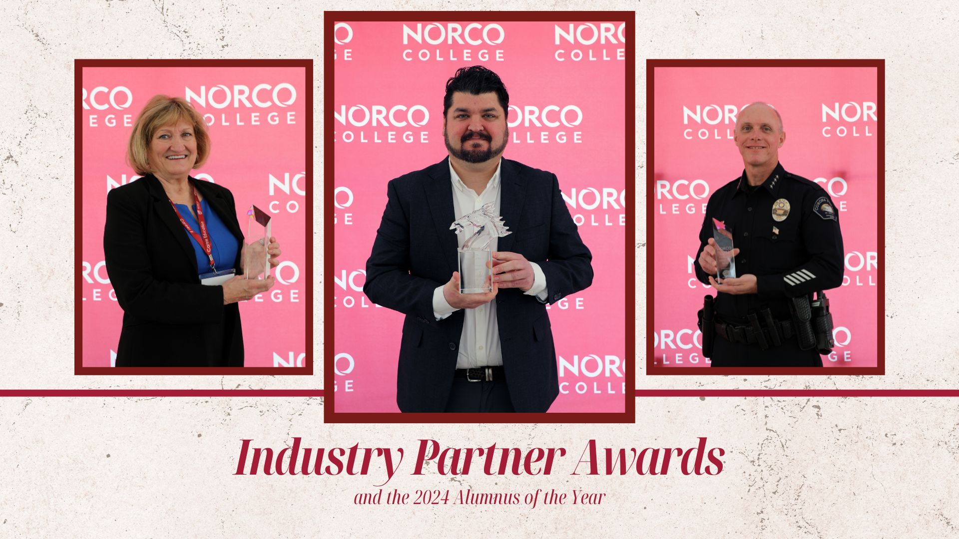 Norco College 2024 Alumnus of the Year award recipient Dr. Dariush Seif (center) and 2024 Industry Partner Awards recipients Norco College 2024 Alumnus of the Year award recipient Dr. Dariush Seif (center) and 2024 Industry Partner Awards recipients