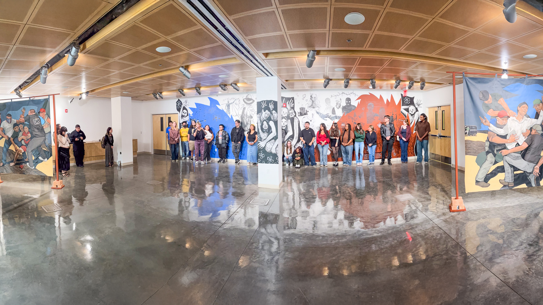 The ephemural where students were asked to stand next to their contributed artwork. The ephemural where students were asked to stand next to their contributed artwork.