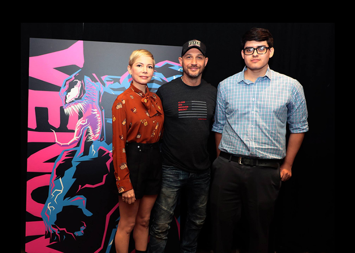 Actors Michelle Williams and Tom Hardy from the film 'Venom' and Norco College art student Emmanuel Esparza