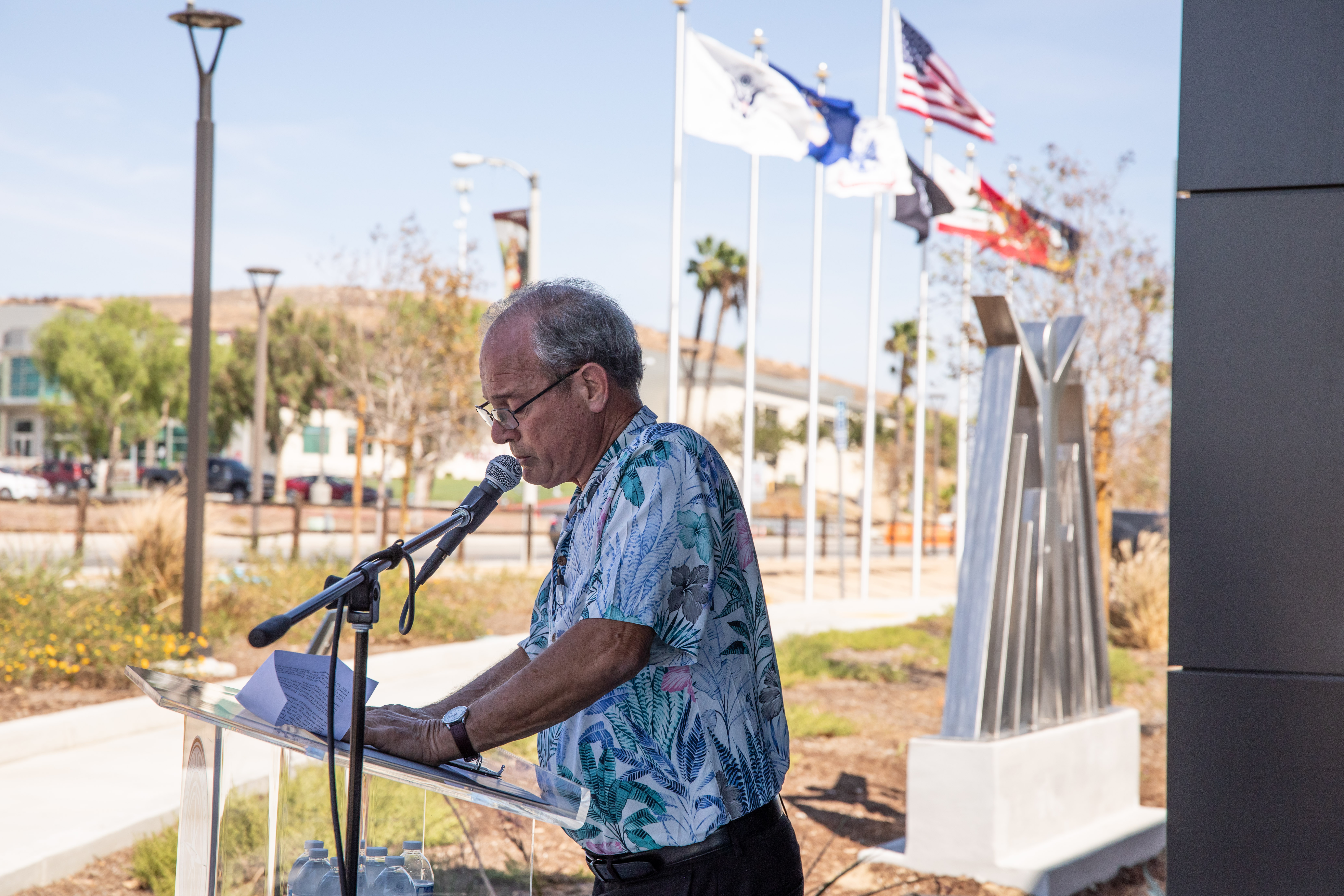Artist Frank Heyming speaks at unveiling of Freedom Sculpture at Norco College