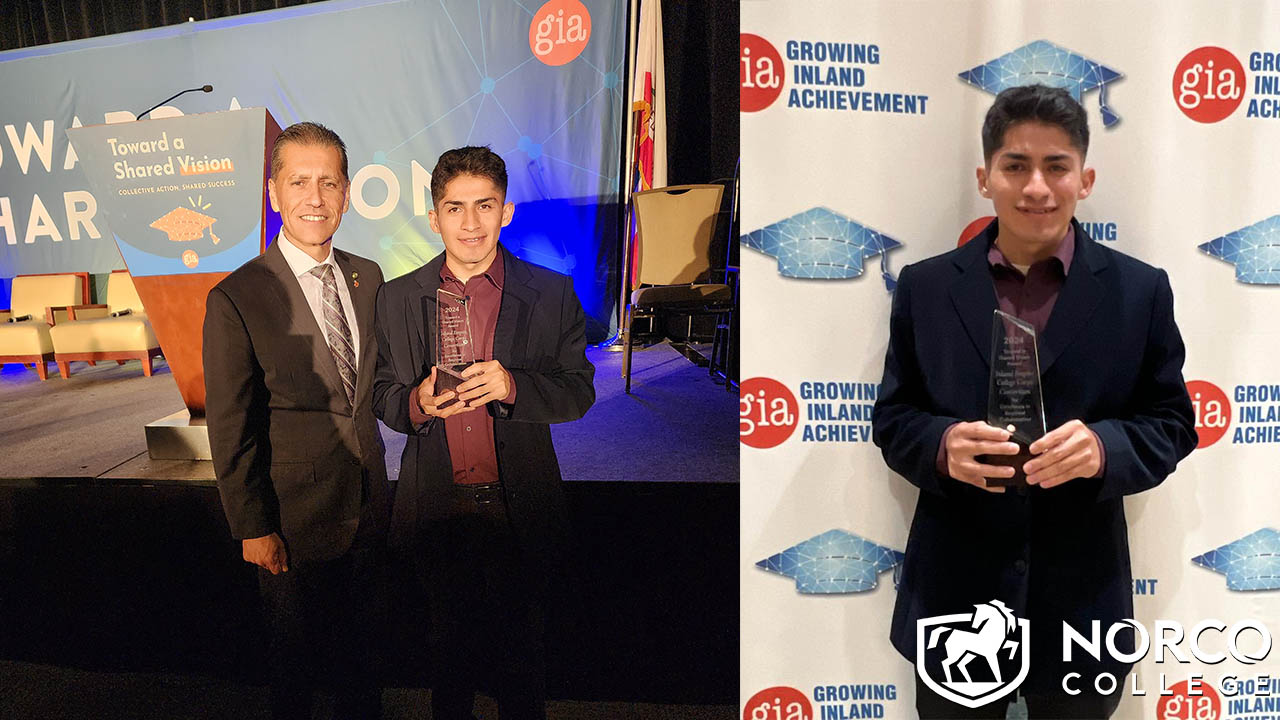 Gustavo Oceguera, Ed.D and Norco College Student Angel Flores after receiving his award.