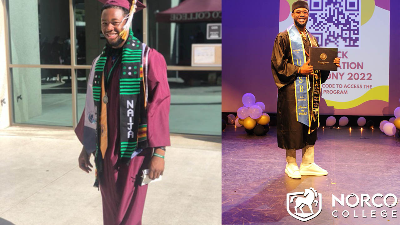 Nathaniel Ilo graduating from Norco College and Nathaniel graduating from UCSB.