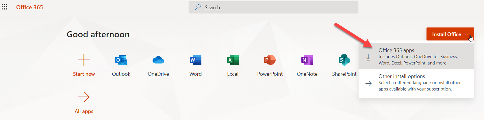 Install Office, Office 365 apps button