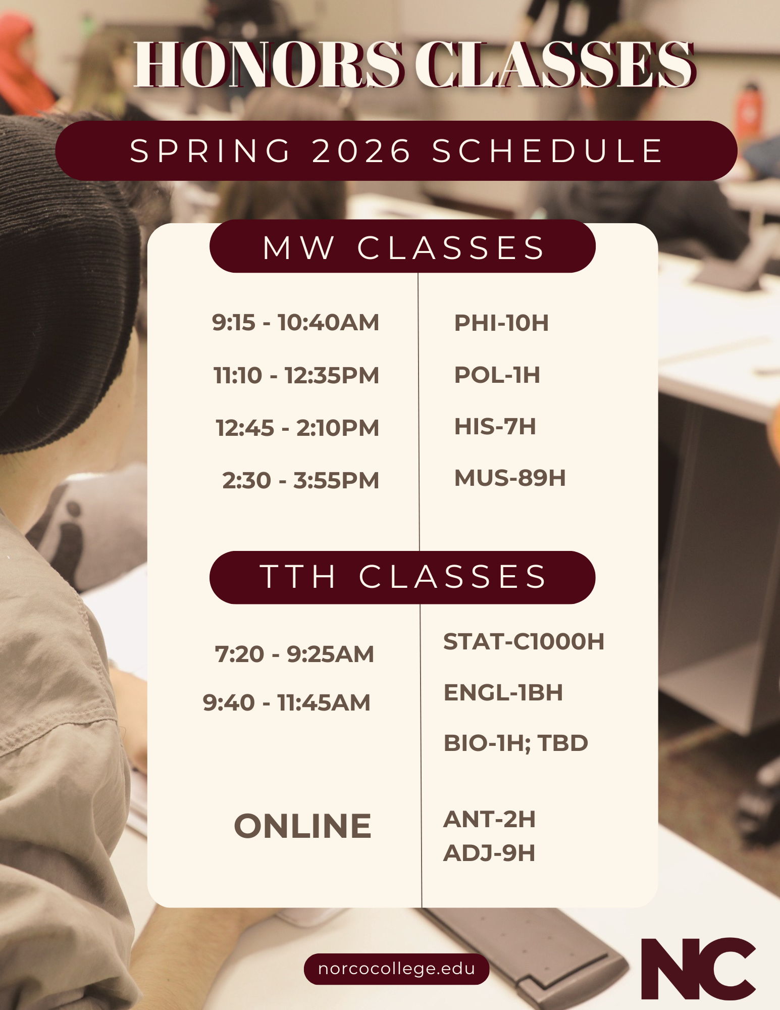 Honors Schedule Spring 2026 This shows the Spring 2026 schedule for the honors program.  the schedule shows various courses offered at various days and times.