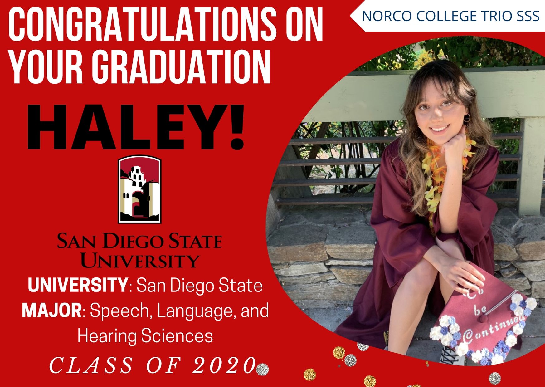 Picture of SSS Student Haley who is  transferring to San Diego State in the fall of 2020. 