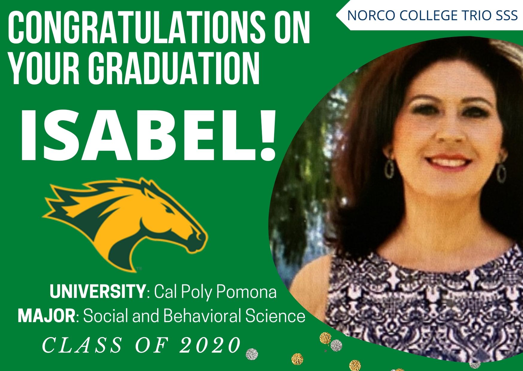 Picture of SSS Student Isabel who is transferring to Cal Poly Pomona in the fall of 2020. 