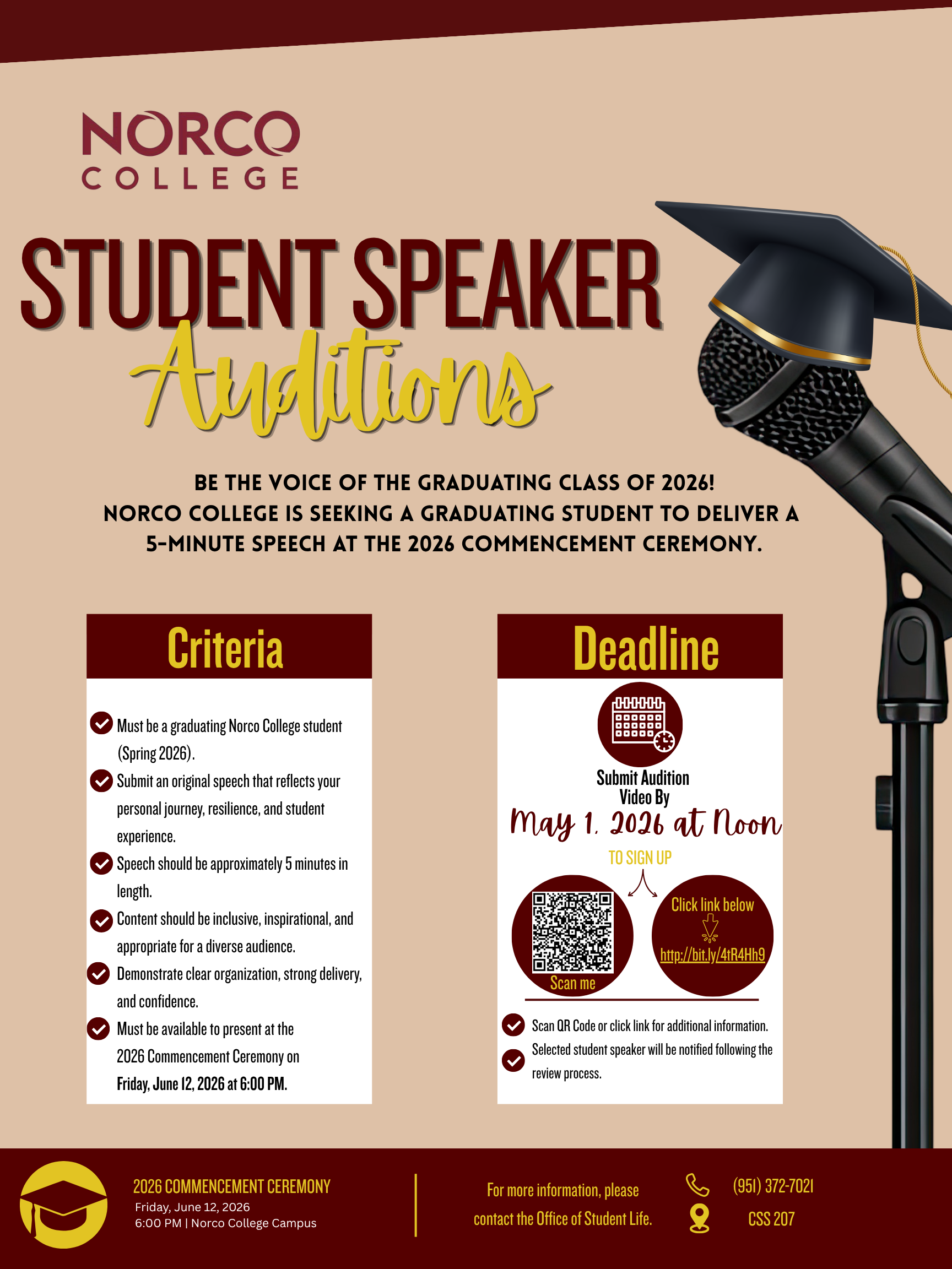 Commencement 2026 Student Speaker Auditions flyer Commencement 2026 Student Speaker Auditions flyer