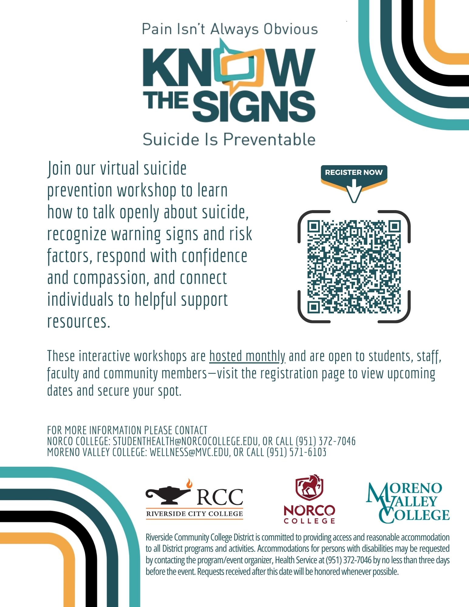 A promotional flyer with a white background and teal, black, and gold accents encourages participation in a virtual suicide prevention workshop. The headline reads, "Pain Isn't Always Obvious – Know the Signs: Suicide Is Preventable." A QR code labeled "Register Now" directs viewers to workshop registration.  The flyer explains that participants will learn how to talk openly about suicide, recognize warning signs and risk factors, respond with confidence and compassion, and connect individuals to helpful support resources.