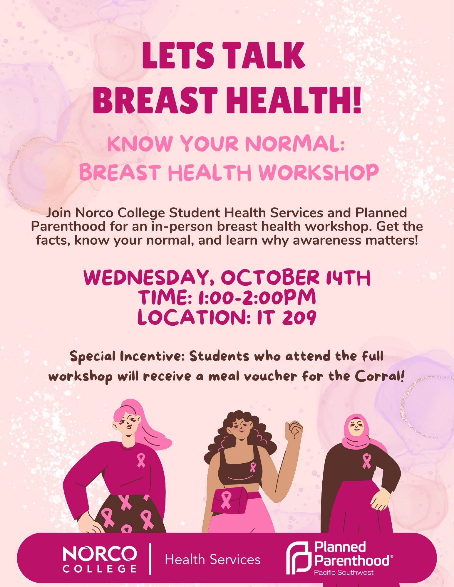 Know Your Normal: Breast Health Workshop — Join us Wednesday, October 14, at 1:00 p.m. in IT 109 for an in-person workshop with Planned Parenthood. Students who attend the full workshop will receive a meal voucher for the Corral!