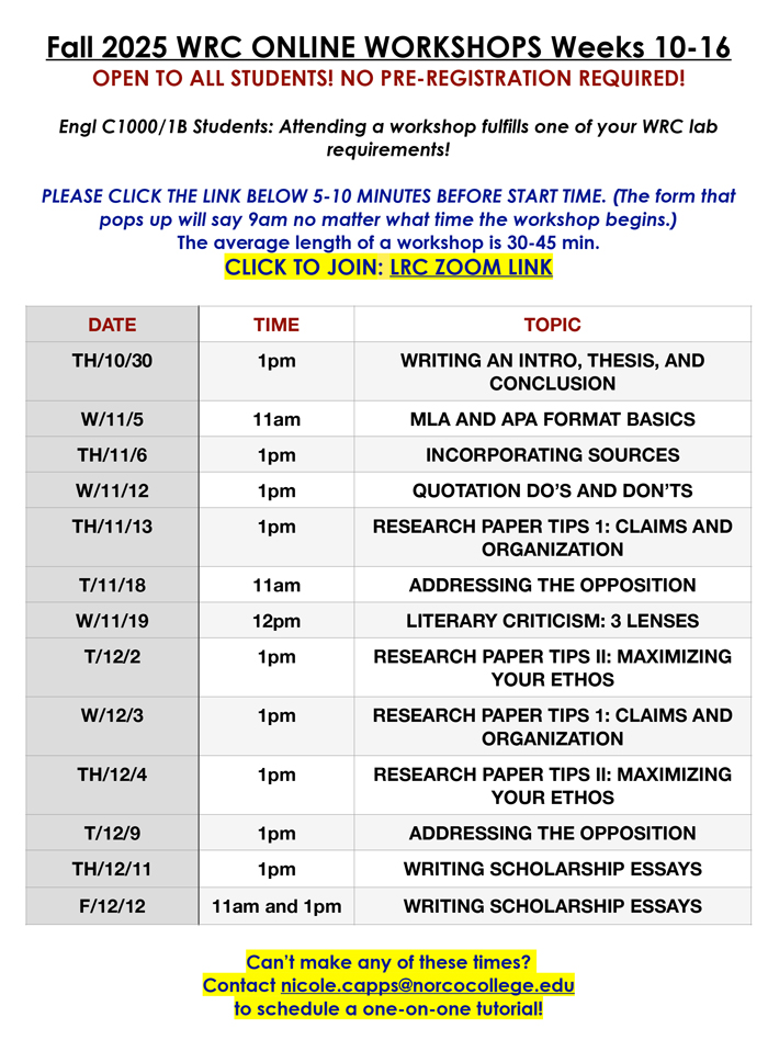 Writing and Reading Center Fall 2025 Online Workshops flyer